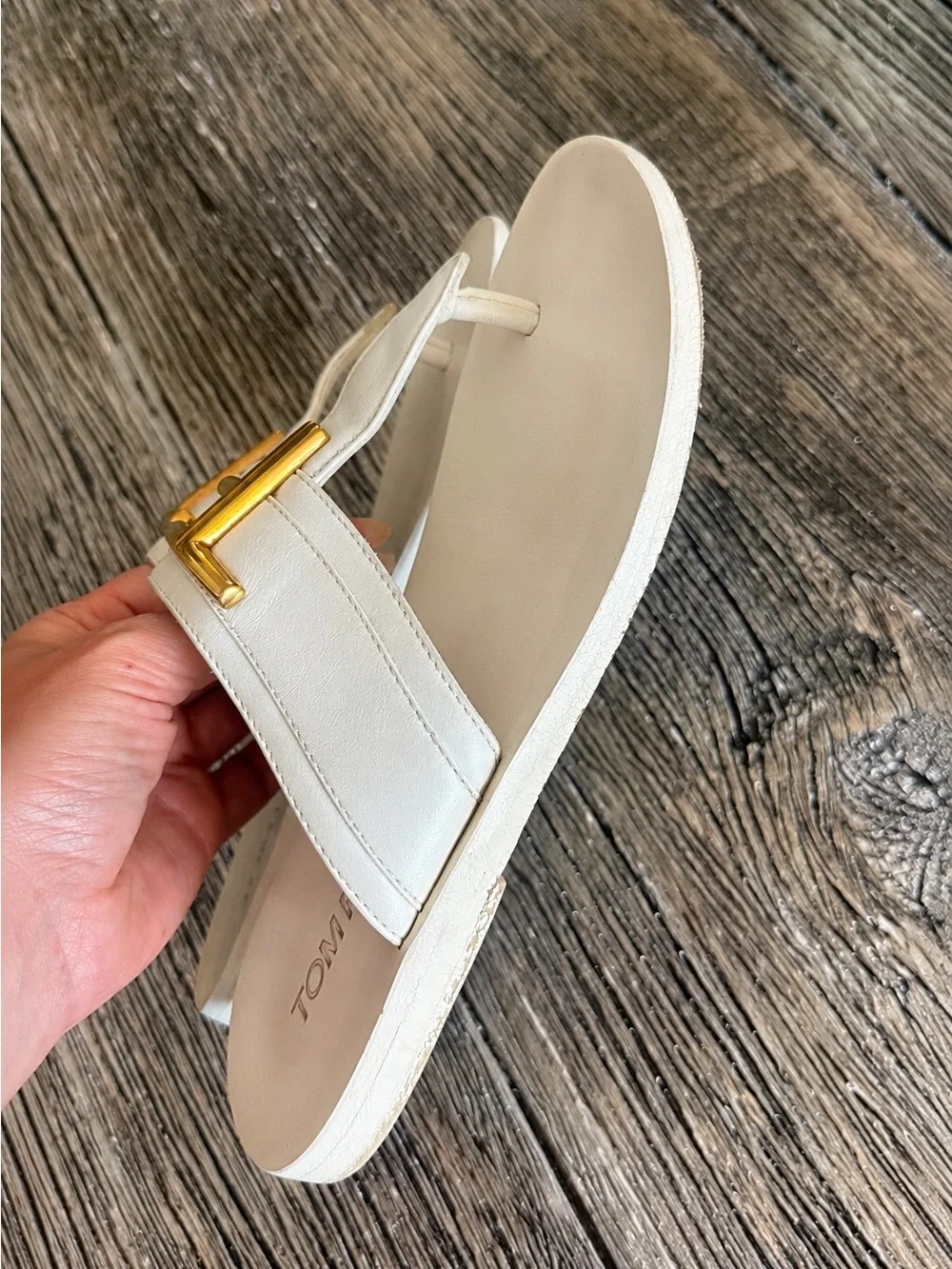 Tom Ford White Leather Thong Sandals with Gold T Hardware